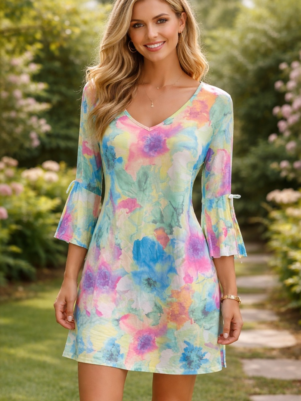 Sew In Love Watercolor Floral Mini Dress Tunic S Bell Sleeve Tie Back NWOT A9